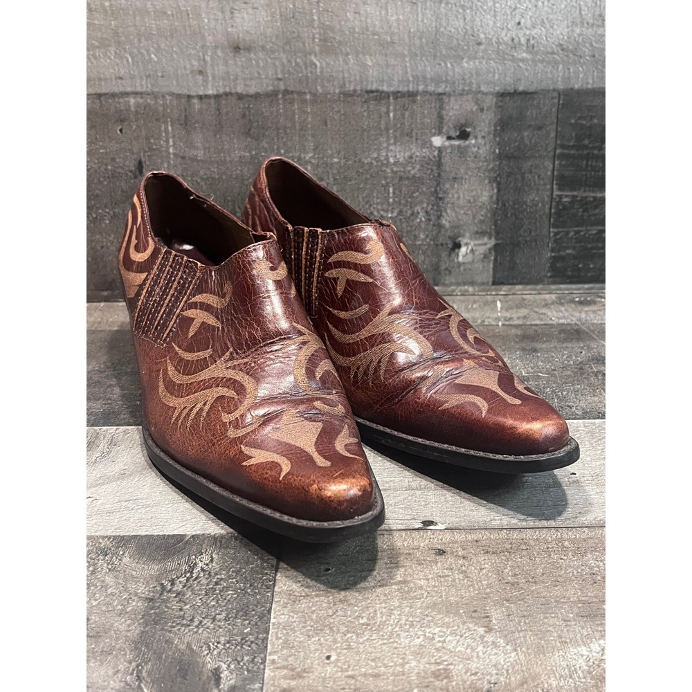Matisse Brown Leather Western Shooties Pointed Toe Embroidered Low Boots 10M